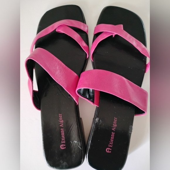Etienne Aigner Fushia Hot Pink Genuine Leather Sandals Sandy Cay Flat Size 8 - Picture 5 of 9